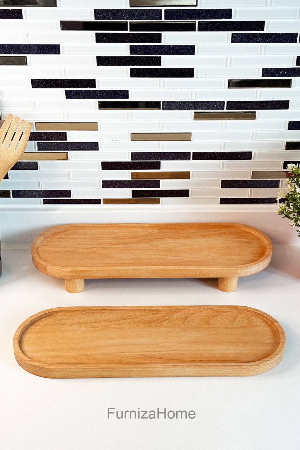 2'li Ahşap Düzenleyici Sunumluk Servis Tabağı Ayaklı Sunumluk Mutfak Banyo Stand Yağdanlık Altlığı